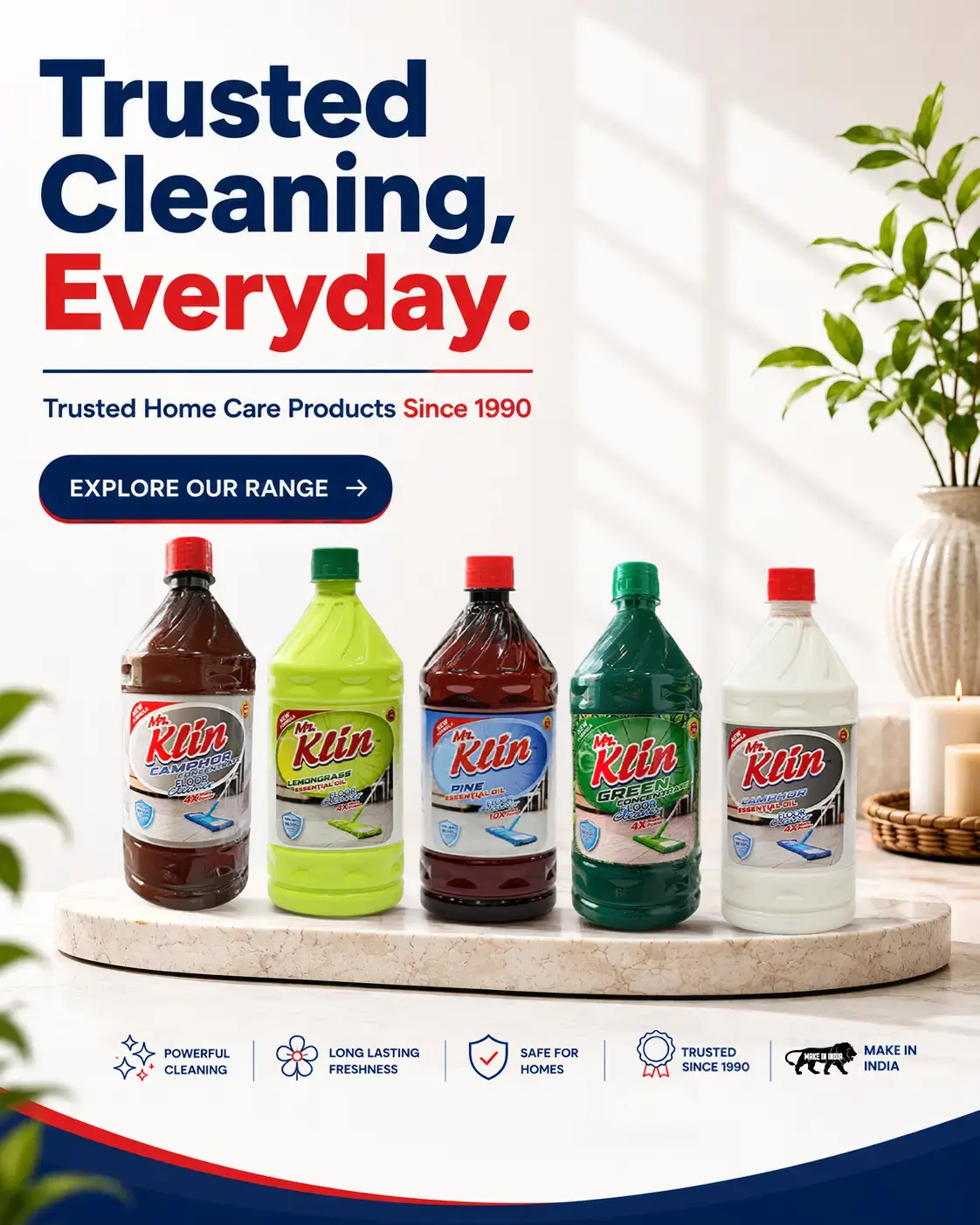 The Mr. Klin floor cleaner range — Lemongrass, Pine, Camphor and Green — on a stone ledge