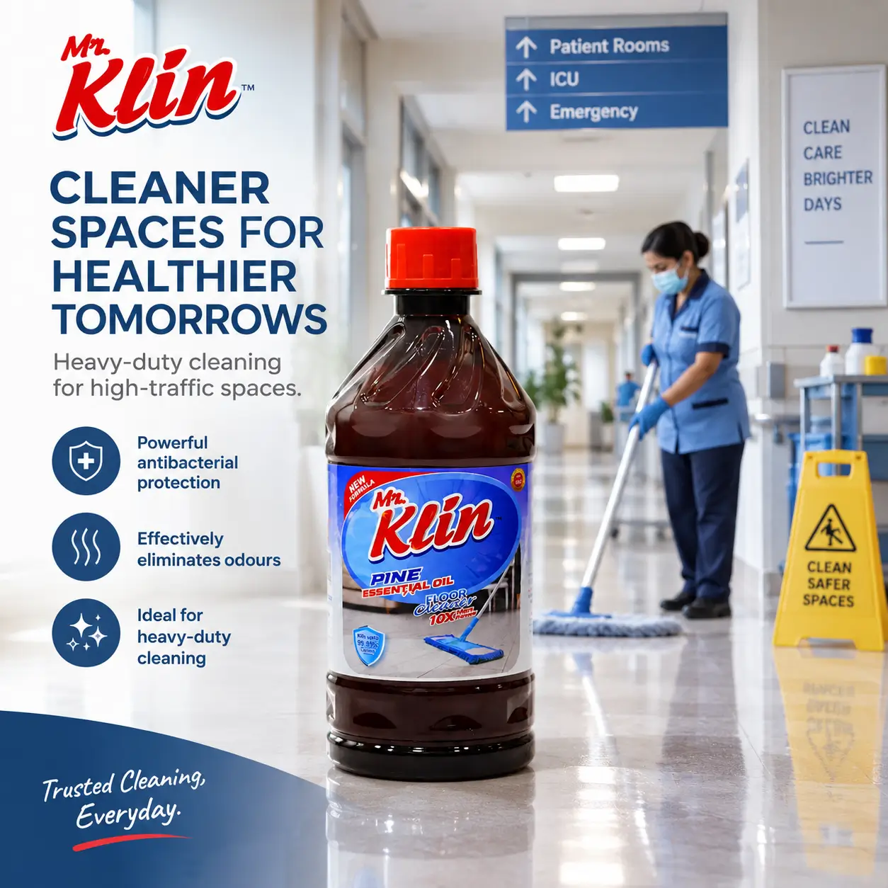 Mr. Klin Pine floor cleaner in a hospital corridor being mopped by housekeeping staff — cleaner spaces for healthier tomorrows