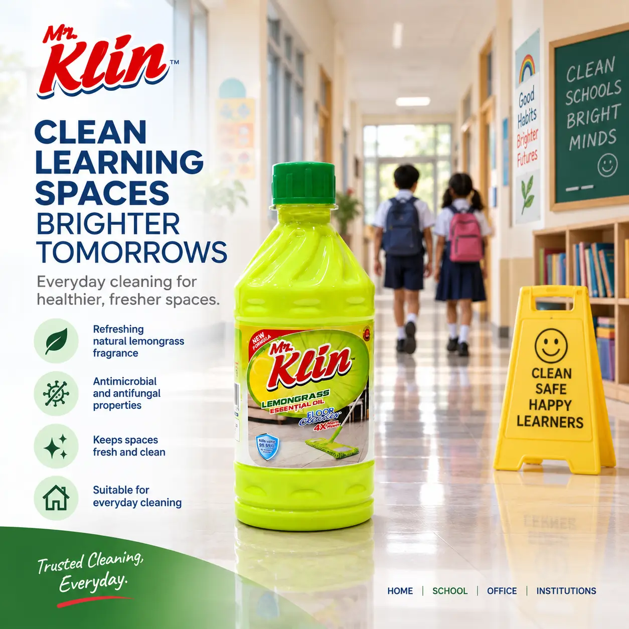 Mr. Klin Lemongrass floor cleaner in a school corridor as students walk to class — clean learning spaces, brighter tomorrows
