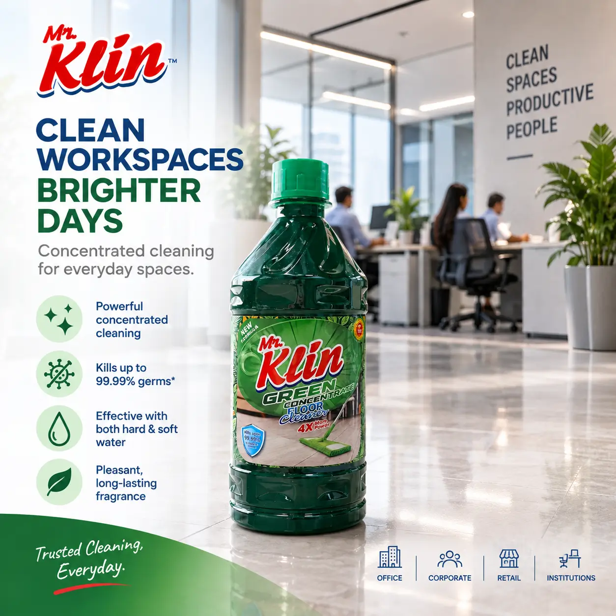 Mr. Klin Green Concentrate floor cleaner in an open-plan office — clean workspaces, brighter days