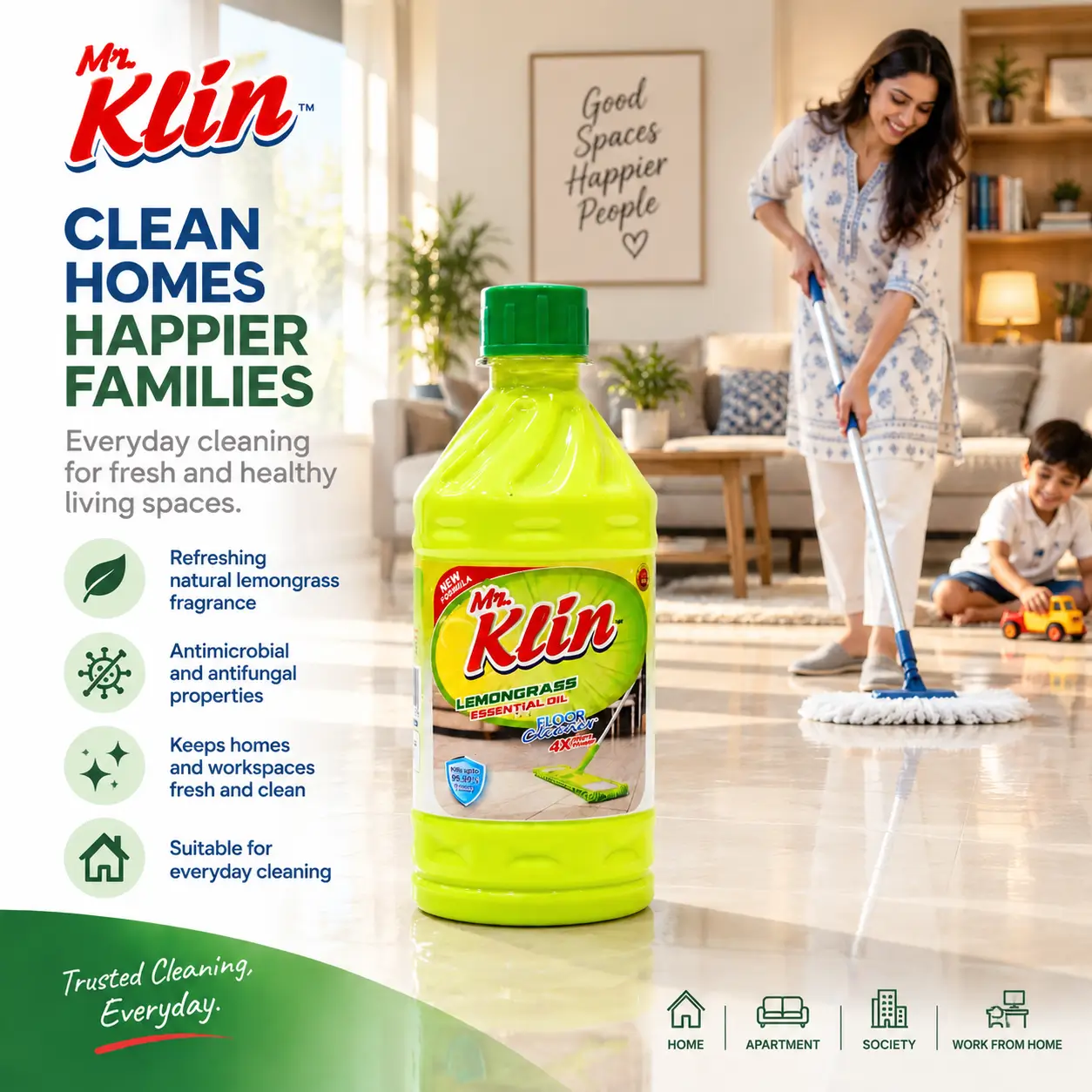 Mr. Klin Lemongrass floor cleaner in a family living room being mopped while a child plays — clean homes, happier families