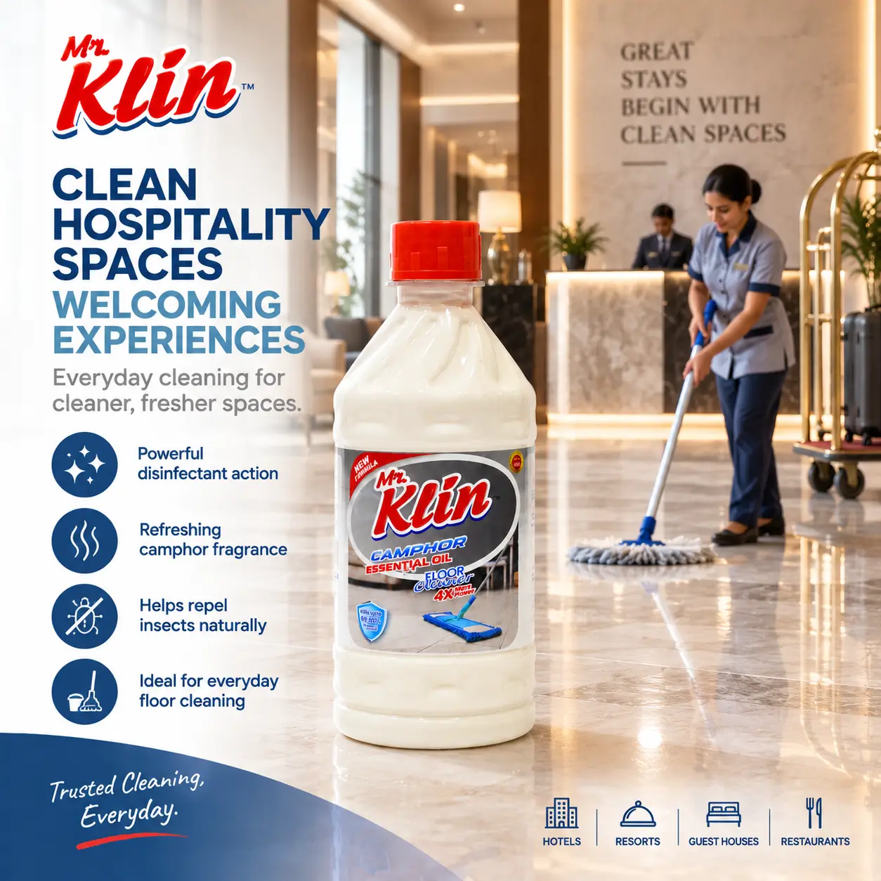 Mr. Klin Camphor floor cleaner in a hotel lobby being mopped by housekeeping staff — clean hospitality spaces, welcoming experiences
